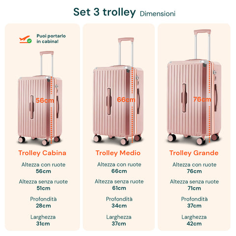 Valigie Trolley Rosa 56-66-76 cm in ABS con Doppie Ruote Girevoli