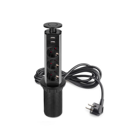 Verticale inklapbare bureaustekkerdoos EU met 3 Schuko-stopcontacten en 2 USB-poorten, ø 6 cm, zwart
