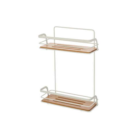 Étagère rectangulaire de douche à 2 niveaux en bambou et acier blanc, 26x36x10cm