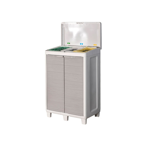Meuble avec plateau à 2 portes et 3 compartiments pour le tri sélectif