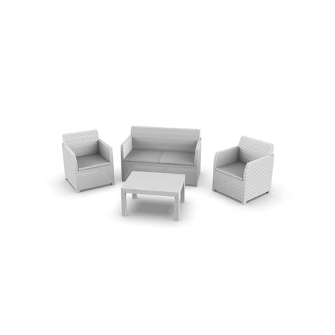 Set comprenant un petit canapé, 2 fauteuils et une table basse blancs