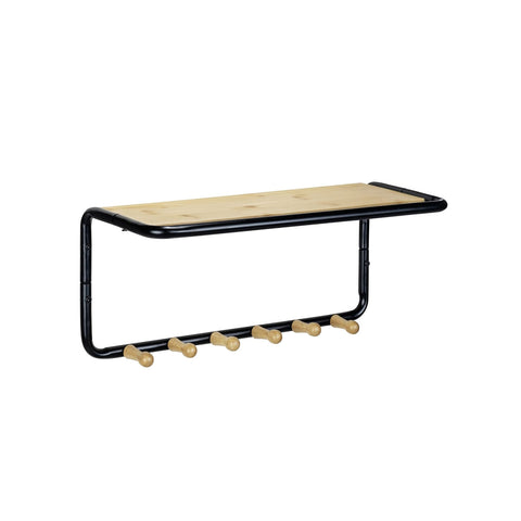 Wandkapstok met 1 plank en 6 haken van bamboe en zwart metaal