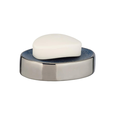 Keramieken zeepdispenser, zilver en blauw
