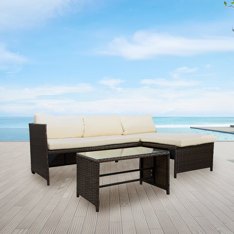 Ensemble canapé d’angle Santorini avec coussins et table basse avec plateau en verre de 5mm