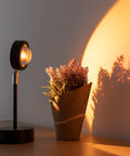 Lampada proiettore tramonto che crea atmosfera calda e accogliente con piante decorative, perfetta per ambiente rilassante domestico